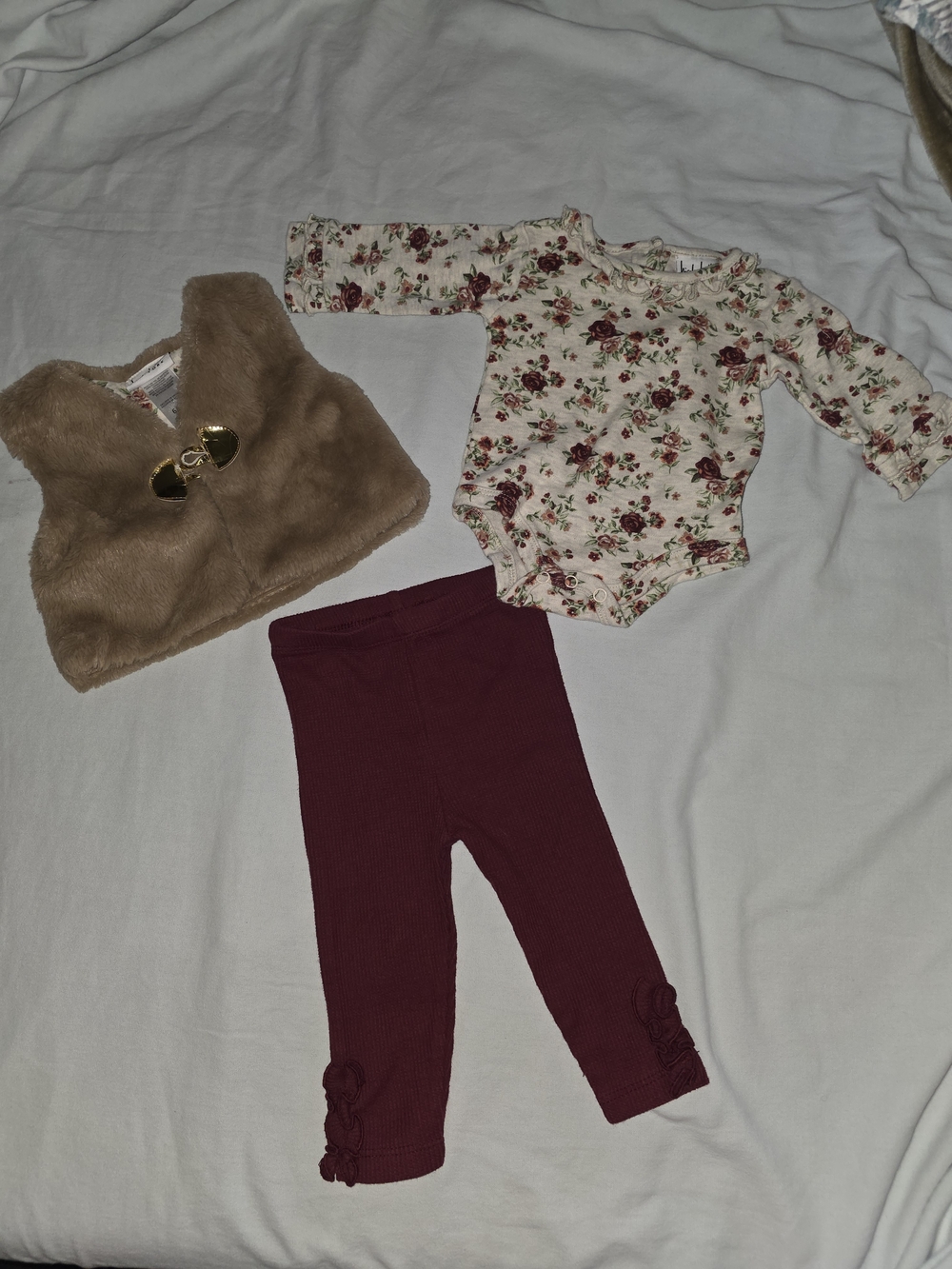 Infants Cream Floral Bodysuit with Burgundy Leggings and Tan Faux Fur Vest